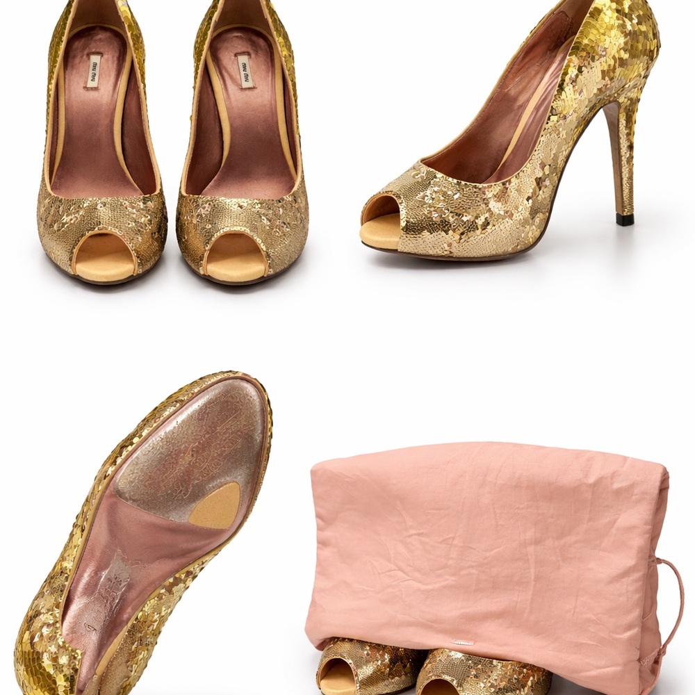 Miu Miu Gold Sequin Peep Toe Heels